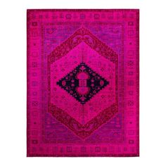 a pink and black rug with an intricate design on the center, in front of a white background