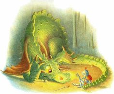 an illustration of a green dragon and a little boy