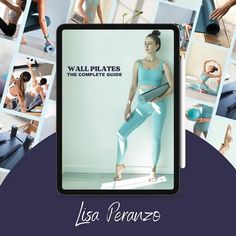 a woman in blue sports bra top and leggings with pictures of her doing yoga