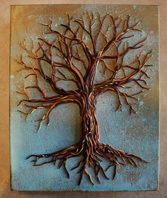 a painting of a tree with brown branches on a blue background is featured in this image