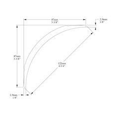 a drawing of a curved corner with measurements for the top and bottom section, as well as