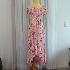 New 100% Viscose Two Pockets Stretchy Bust Shoulder To Front Hem 40" Shoulder To Back Hem 50" Pink Short Sleeve Rayon Maxi Dress, Pink Rayon Maxi Dress With Short Sleeves, Pink Summer Rayon Maxi Dress, Pink Fitted Bohemian Floral Dress, Pink Rayon Dress For Day Out, Pink Flowy Short Sleeve Sundress, Fitted Rayon Sundress With Floral Print, Fitted Floral Print Rayon Sundress, Pink Rayon Sundress