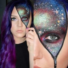 Chica con maquillaje para halloween con un cierre y la mitad del rostro como una galaxia Zipper Halloween Makeup, Space Halloween, Halloween Makeup Scary, Theatrical Makeup, Effects Makeup, Makijaż Smokey Eye, Halloween Makeup Ideas