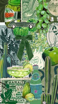 a collage of green items and cactuses, including apples, cacti, and