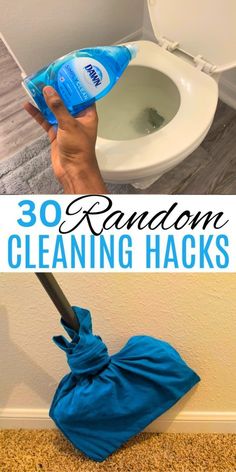 a person cleaning a toilet with a blue cloth on it and the words 30 random cleaning hacks