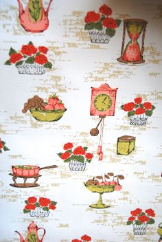 an old wallpaper with red flowers and green watering cans on it's side