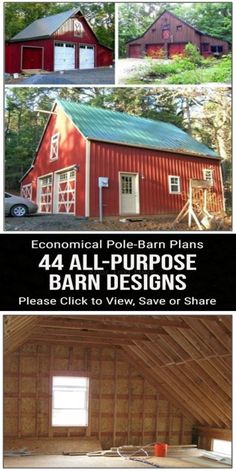 an image of a barn with the words, 4 all purpose barn designs please click to view save or share