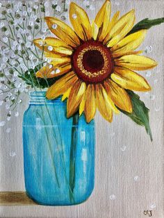 a painting of a sunflower in a blue mason jar with baby's breath