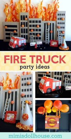 a fire truck party with balloons and decorations