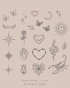 an assortment of tattoo designs on a beige background