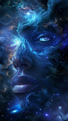 a woman's face is surrounded by space and stars