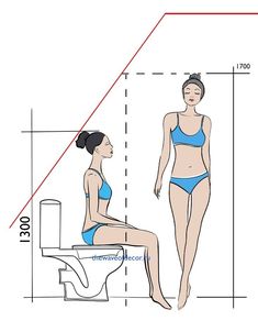 a woman sitting on a toilet with her measurements