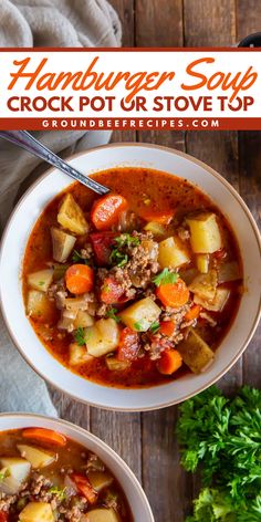 Learn how to make Hamburger Soup in the crock pot or on the stove top! Loaded with ground beef, potatoes, and veggies, this fall soup recipe is hearty and cozy. So, warm up with this fall comfort food for dinner! Soup With Hamburger Meat, Ground Beef Potatoes, Soup Crock Pot, Potatoes And Veggies, Easy Comfort Food Dinners, Beef Potatoes, Hamburger Stew, Beef Soup Recipes, Soup With Ground Beef