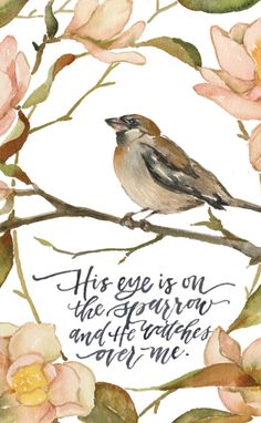 a watercolor painting of a bird on a branch with flowers and the words, his eye is on the sparrow and he watches over me