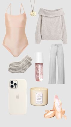 the contents of a woman's wardrobe including an iphone case, sweater and shoes