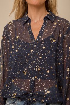 We hope you like compliments...cuz you'll get them in this fun blouse! Foil Star Print Blouse Navy with Gold Stars Sheer Drawstring Waist Button Down Polyester Stage Costume Design, Stars In Her Eyes, Blouse For Work, Alt Clothing, Space Outfit, Star Clothing, Stage Costume, Her Eyes, Sheer Fabric