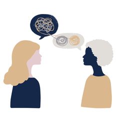 two women talking to each other with speech bubbles above their heads, one woman has an ornament on her head