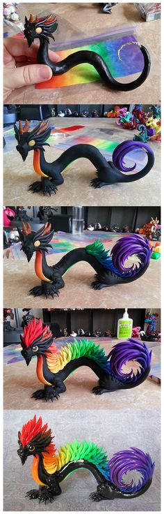 three different images of colorful dragon sculptures