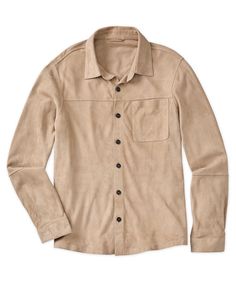 A luxury garment that's truly different is a wonderful breath of fresh air. This big and tall shirt jacket is made from premium Italian Metisse goat suede, which feels incredibly light in weight and buttery soft. The garment's bonded interior makes it easy to layer into your outfits, and it'll pair well with denim, 5-pocket pants, and chinos. Genuine horn buttons add an extra upscale touch. Italian Metisse goat suede leather is exceptionally soft and lightweight, yet durable Genuine horn buttons Pocket Pants, Big And Tall, Fresh Air, Shirt Jacket, Suede Leather, Patch Pocket, Gentleman, Sleeve Length, Wardrobe