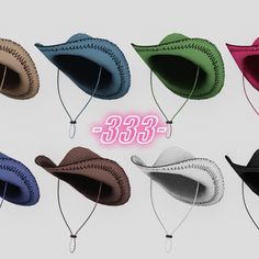 the hats are all different colors and sizes, but one has a string on it