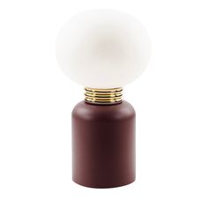 a brown table lamp with a white ball on top