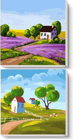 two paintings of houses in the countryside