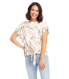 Cinched at the waist for a figure-flattering fit, this jersey-knit top features a sleek boat neckline, drop shoulder sleeves, and stylish tie-front. It's detailed with a cloudy tie-dye pattern. Olive Tie, Tie Shorts, Tie Front Top, Boat Neck Tops, Tie Dye Patterns, Front Tie Top, Boat Neckline