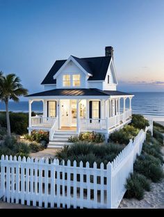 a white house on the beach at dusk