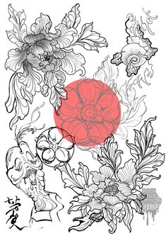 a drawing of flowers and leaves on a white background with red circle in the middle