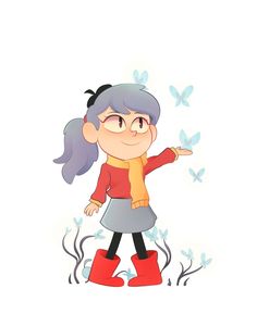 a cartoon girl with blue hair and red boots is standing in front of some butterflies