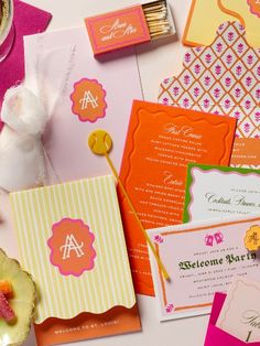 Carousel of five images. 
Image one: Scattered collection of various branded items, including a matchbook, welcome note, stir stick and menu
Image two: Flat lay of the pink, orange and yellow wedding invitation featuring custom patterns
Image three: Wrapped welcome gift with note open to show a printed weekend itinerary
Image four: Welcome gift open to reveal rice krispies next to wrapped box
Image five: Save the date with die-cut windows on front that open to reveal details about the couple Wedding Felt, Letterpress Wedding Stationery, Colorful Wedding Invitations, Walking On Sunshine, Wedding Branding, Letterpress Wedding, Letterpress Wedding Invitations, Swizzle Sticks, Wedding Mood Board