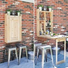 two pictures of the outside of a building with stools and tables in front of it