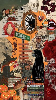 a collage of halloween related items including pumpkins, books, and other things