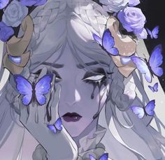 a woman with white hair and blue butterflies on her head is covering her eyes as she holds her hands to her face