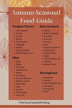 the autumn seasonal food guide is shown in red and orange with leaves on it's side