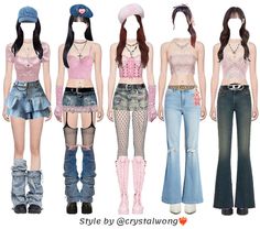 Denim And Pink Outfit, Pink And Denim Outfit, Friends Clothing, Kpop Concert Outfit, Pink Gloves, Denim Skirt Outfits, Denim Flare Jeans, Fashion Top Outfits