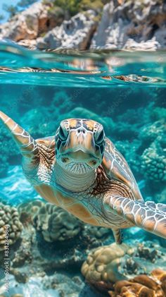 a turtle swimming in the ocean with its head above water's surface and corals below