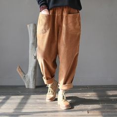 Corduroy Pants Women, Warm Pants, Overalls Pants, Pants Elastic Waist, Winter Color, Baggy Pants, Elastic Waist Pants, Ankle Length Pants, Vintage Casual