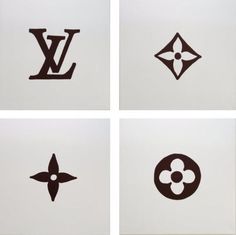 four different types of logos on white paper with black and brown designs in the middle