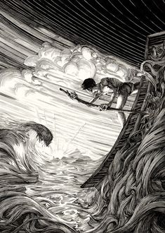 a drawing of a person on a boat in the water with waves and clouds behind them