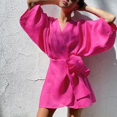 Summer Fashion Pink Loose Casual V Neck Breathable Cotton Linen Beach Dress Linen Beach Dress, Party Dresses With Sleeves, Club Party Dresses, Lantern Sleeve Dress, Short Summer Dresses, Cotton Linen Dresses, Dress Sleeve Styles, Half Sleeve Dresses, Short Dresses Casual