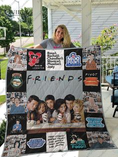 a woman is holding up a quilt with pictures on it and the words friends written in black