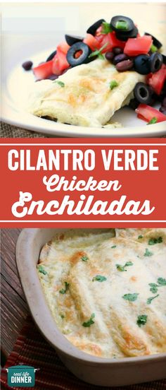 an enchilada is served in a casserole dish with olives and tomatoes