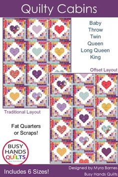 Quilty Cabins Quilt Pattern by Busy Hands Hearts Quilt Pattern, Traditional Layout, Hearts Quilt, Log Cabin Designs, Heart Quilt Pattern, Baby Throw, Heart Quilt, Cabin Design, Fabric Animals