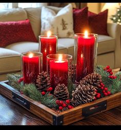 a tray with candles and pine cones on it