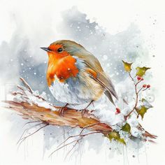 a watercolor painting of a bird sitting on a branch in the snow with berries