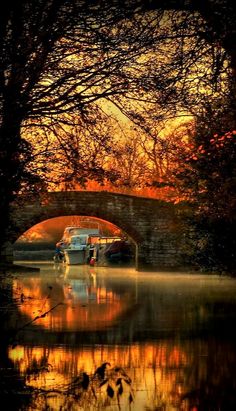 an image of a boat in the water under a bridge with trees on both sides