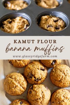 banana muffins in a muffin tin with text overlay that reads, kamut flour banana muffins