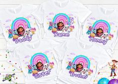 four personalized t - shirts with the name and image of characters