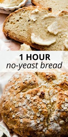 bread with butter and oatmeal on top is shown in three different pictures